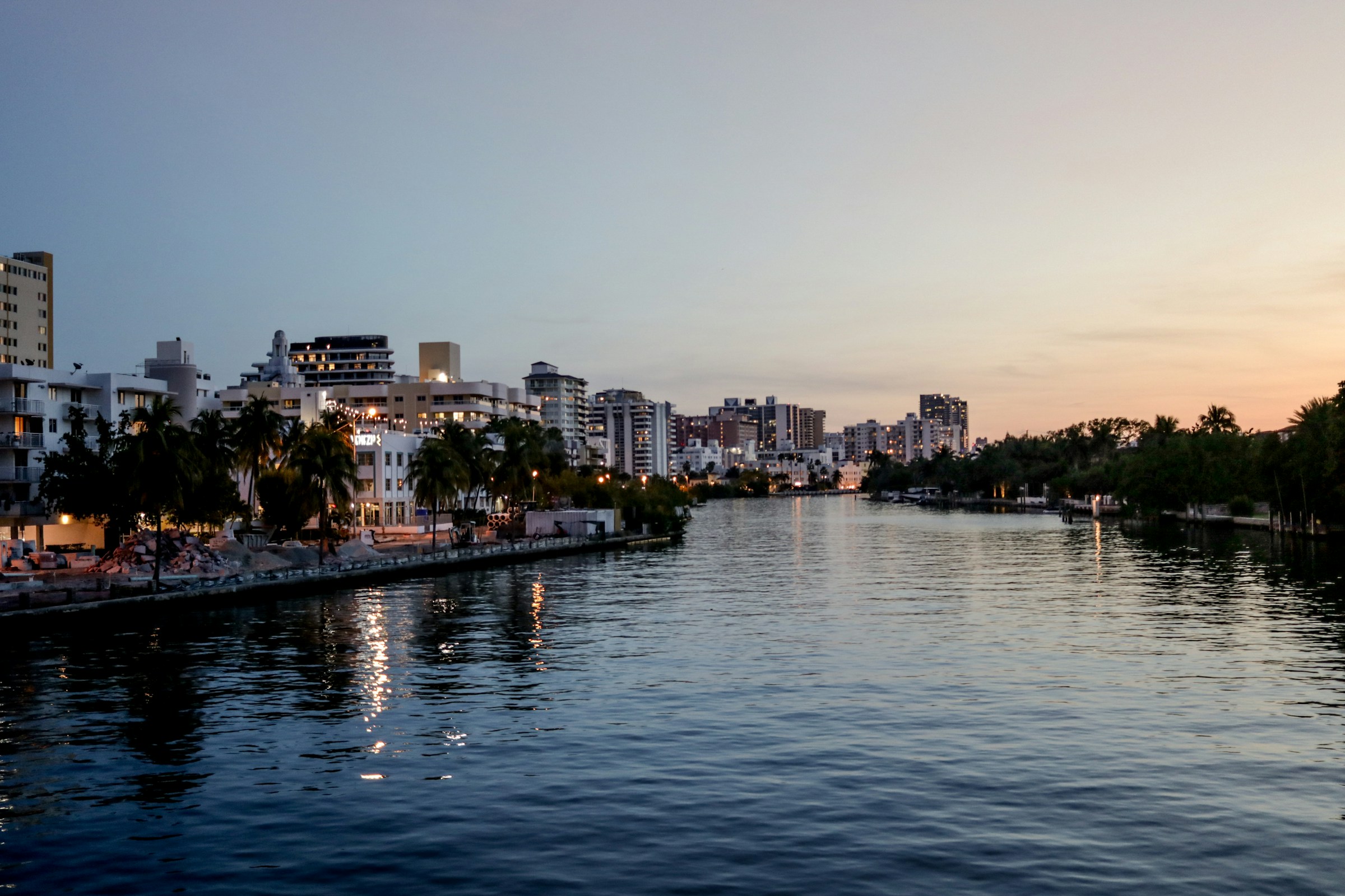 Miami waterfront and downtown skyline at dusk